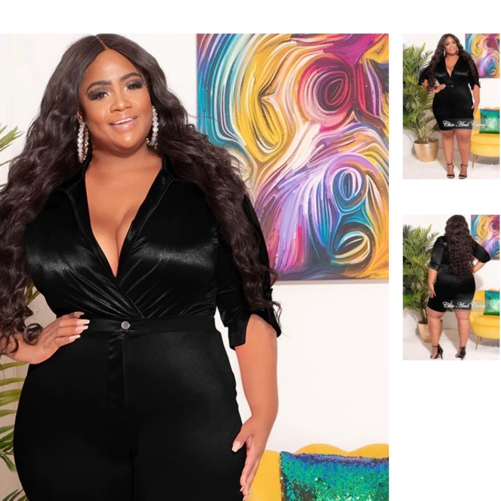 VERY STRETCHY 2 Piece Satin Set Collared Bodysuit & Shorts in Black